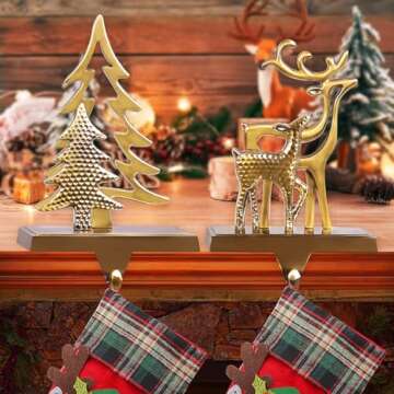 WENFOME Christmas Stocking Holders for Mantel, 4pc Holiday Stocking Hangers, Snowflake Snowman Reindeer Christmas Tree Stocking Hook Set, Alloy Weighted Non-Skid Stocking Hook for Xmas Fireplace Decor