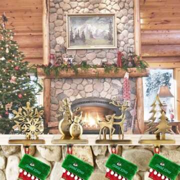 WENFOME Christmas Stocking Holders for Mantel, 4pc Holiday Stocking Hangers, Snowflake Snowman Reindeer Christmas Tree Stocking Hook Set, Alloy Weighted Non-Skid Stocking Hook for Xmas Fireplace Decor