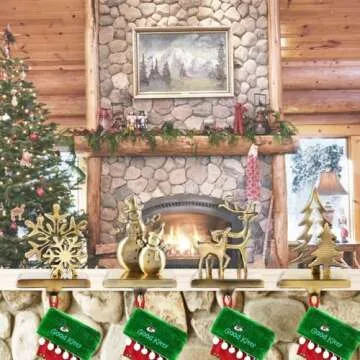 WENFOME Christmas Stocking Holders for Mantel, 4pc Holiday Stocking Hangers, Snowflake Snowman Reindeer Christmas Tree Stocking Hook Set, Alloy Weighted Non-Skid Stocking Hook for Xmas Fireplace Decor