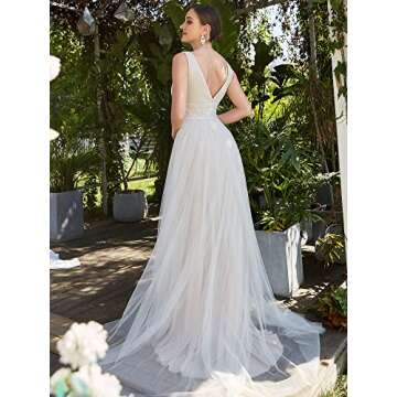 Ever-Pretty Women's Elegant Long Lace Sequin V-Neck Ruched Summer Beach Wedding Gowns for Women Whit...