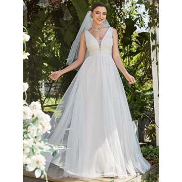 Ever-Pretty Women's Elegant Long Lace Sequin V-Neck Ruched Summer Beach Wedding Gowns for Women White US8