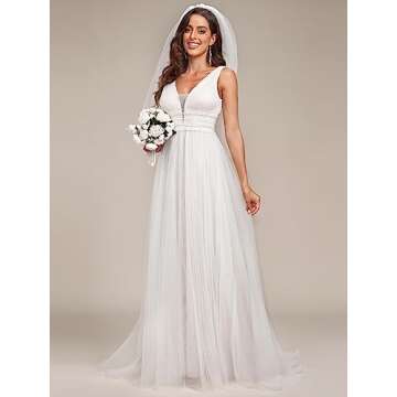 Ever-Pretty Women's Elegant Long Lace Sequin V-Neck Ruched Summer Beach Wedding Gowns for Women White US8