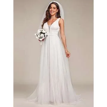 Ever-Pretty Women's Elegant Long Lace Sequin V-Neck Ruched Summer Beach Wedding Gowns for Women White US8