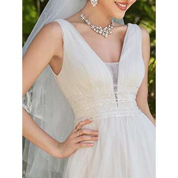 Ever-Pretty Women's Elegant Long Lace Sequin V-Neck Ruched Summer Beach Wedding Gowns for Women White US8