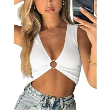 AEVZIV Sexy Crop Tops for Women Sleeveless Deep V Neck Workout Tops Plunge Ring Cleavage Cropped Tank Top White L