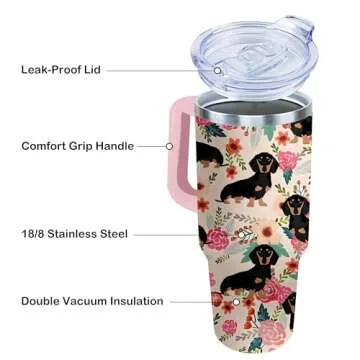 Lumumanber 40 oz Dachshund Tumbler with Handle and Straw, Dog Travel Mug Water Bottle, Stainless Steel Insulated Cup with Lid and Straw, Birthday Christmas Gifts