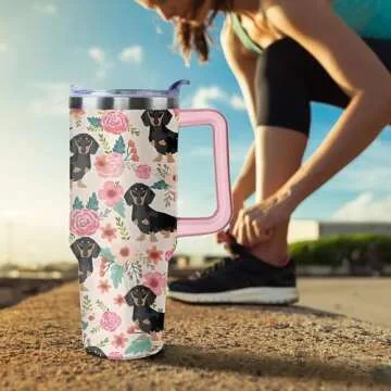 Lumumanber 40 oz Dachshund Tumbler with Handle and Straw, Dog Travel Mug Water Bottle, Stainless Steel Insulated Cup with Lid and Straw, Birthday Christmas Gifts