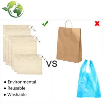 Reusable Produce Bags, Organic Cotton Mesh Bags Muslin Bags with Drawstring Bonus Reusable Grocery Bag for Shopping & Storage, Washable, Biodegradable, Food Safe, Tare Weight on Color Tag(8 Pack)