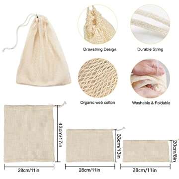 Reusable Produce Bags, Organic Cotton Mesh Bags Muslin Bags with Drawstring Bonus Reusable Grocery Bag for Shopping & Storage, Washable, Biodegradable, Food Safe, Tare Weight on Color Tag(8 Pack)