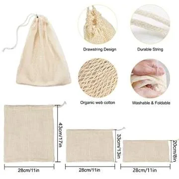 Reusable Produce Bags, Organic Cotton Mesh Bags Muslin Bags with Drawstring Bonus Reusable Grocery Bag for Shopping & Storage, Washable, Biodegradable, Food Safe, Tare Weight on Color Tag(8 Pack)