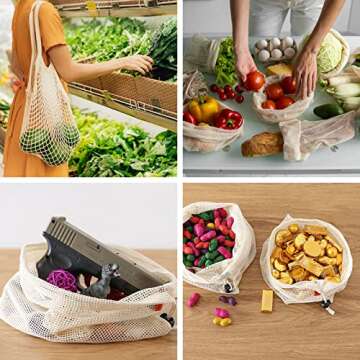 Reusable Produce Bags, Organic Cotton Mesh Bags Muslin Bags with Drawstring Bonus Reusable Grocery Bag for Shopping & Storage, Washable, Biodegradable, Food Safe, Tare Weight on Color Tag(8 Pack)