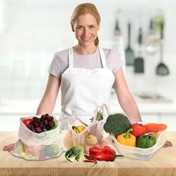 Reusable Produce Bags, Organic Cotton Mesh Bags Muslin Bags with Drawstring Bonus Reusable Grocery Bag for Shopping & Storage, Washable, Biodegradable, Food Safe, Tare Weight on Color Tag(8 Pack)