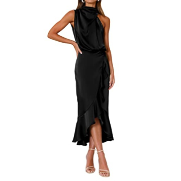 KIRUNDO Womens 2024 Summer Satin Mock Neck Party Cocktail Midi Dress Sleeveless Wrap Ruffle Mermaid ...