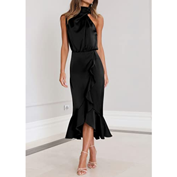 KIRUNDO Womens 2024 Summer Satin Mock Neck Party Cocktail Midi Dress Sleeveless Wrap Ruffle Mermaid Hem Formal Dresses(Black, X-Large)