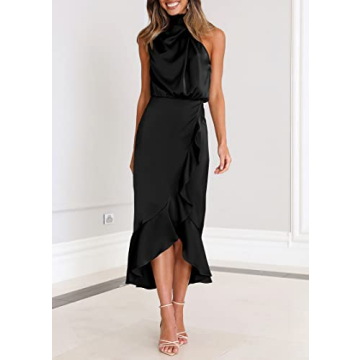 KIRUNDO Womens 2024 Summer Satin Mock Neck Party Cocktail Midi Dress Sleeveless Wrap Ruffle Mermaid Hem Formal Dresses(Black, X-Large)