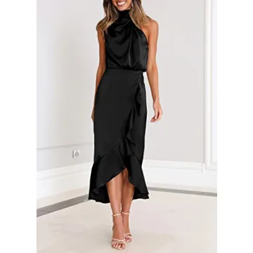 KIRUNDO Womens 2024 Summer Satin Mock Neck Party Cocktail Midi Dress Sleeveless Wrap Ruffle Mermaid Hem Formal Dresses(Black, X-Large)