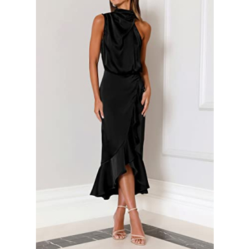 KIRUNDO Womens 2024 Summer Satin Mock Neck Party Cocktail Midi Dress Sleeveless Wrap Ruffle Mermaid Hem Formal Dresses(Black, X-Large)