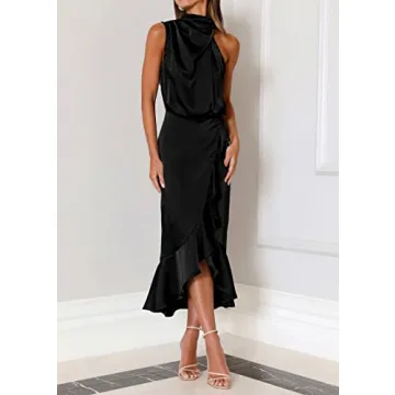 KIRUNDO Womens 2024 Summer Satin Mock Neck Party Cocktail Midi Dress Sleeveless Wrap Ruffle Mermaid Hem Formal Dresses(Black, X-Large)