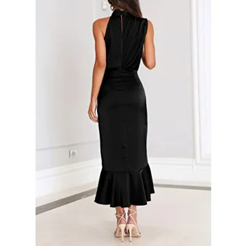 KIRUNDO Womens 2024 Summer Satin Mock Neck Party Cocktail Midi Dress Sleeveless Wrap Ruffle Mermaid Hem Formal Dresses(Black, X-Large)