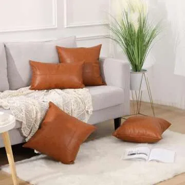 MANDIOO Set of 2 Classic Plaid Faux Leather Decorative Lumbar Throw Pillow Covers,Hand Stitched Modern Luxury Vegan Outdoor Cushion Cases Pillowcases for Couch Sofa Bed Farmhouse 12x20 Inches Brown