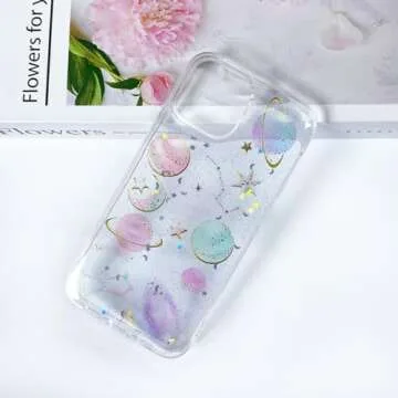 Abbery for iPhone 13 Case, Transparent Clear with Stars & Moon Planets Design - Glitter Sparkle, Ultra Thin Soft Silicone Cute Protective Cover for Women & Girls, Space Theme Shell