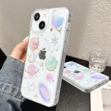 Abbery for iPhone 13 Case, Transparent Clear with Stars & Moon Planets Design - Glitter Sparkle, Ultra Thin Soft Silicone Cute Protective Cover for Women & Girls, Space Theme Shell