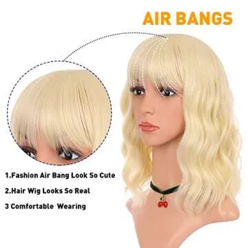 eNilecor Blonde Wig, Short Bob Wigs for Women Curly Natural Colored Synthetic Fashion Wigs with Air Bangs (Light Blonde)