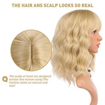 eNilecor Blonde Wig, Short Bob Wigs for Women Curly Natural Colored Synthetic Fashion Wigs with Air Bangs (Light Blonde)