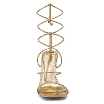 Shoe Land SL-Finely Women's Lace-Up Heels, Square Open Toe Ankle Wrap Tie-Up Heeled Sandals, 4-Inch Stiletto Strappy Dress Sandals for Party, Wedding, and Prom, Gold, Size 8.0
