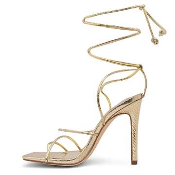 Shoe Land SL-Finely Women's Lace-Up Heels, Square Open Toe Ankle Wrap Tie-Up Heeled Sandals, 4-Inch Stiletto Strappy Dress Sandals for Party, Wedding, and Prom, Gold, Size 8.0