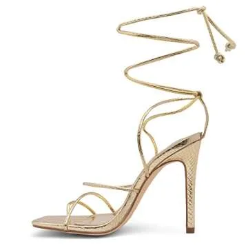 Shoe Land SL-Finely Women's Lace-Up Heels, Square Open Toe Ankle Wrap Tie-Up Heeled Sandals, 4-Inch Stiletto Strappy Dress Sandals for Party, Wedding, and Prom, Gold, Size 8.0