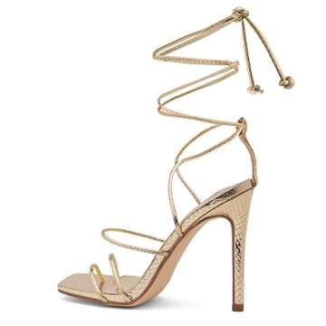 Shoe Land SL-Finely Women's Lace-Up Heels, Square Open Toe Ankle Wrap Tie-Up Heeled Sandals, 4-Inch Stiletto Strappy Dress Sandals for Party, Wedding, and Prom, Gold, Size 8.0