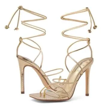 Shoe Land SL-Finely Women's Lace-Up Heels, Square Open Toe Ankle Wrap Tie-Up Heeled Sandals, 4-Inch Stiletto Strappy Dress Sandals for Party, Wedding, and Prom, Gold, Size 8.0