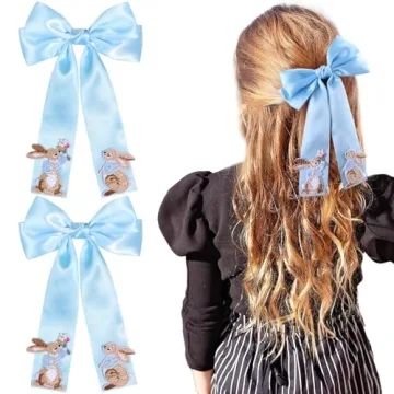 NCMAMA 2Pcs Easter Hair Bows for Girls Bunny Hair Clip Blue Silk Hair Bow Ribbon Hair Accessories fo...
