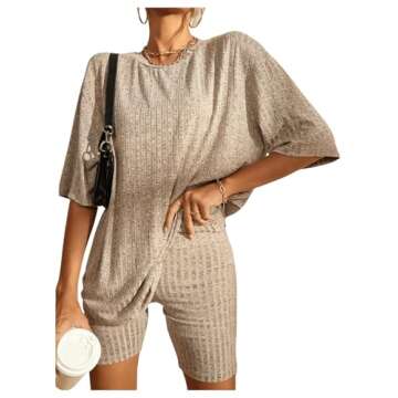WDIRARA Women's 2 Piece Outfits Ribbed Short Sleeve Drop Shoulder Tee and Shorts Set Tracksuits Khaki L