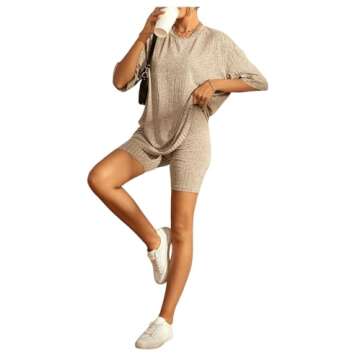 WDIRARA Women's 2 Piece Outfits Ribbed Short Sleeve Drop Shoulder Tee and Shorts Set Tracksuits Khaki L