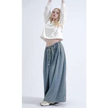 EXPOING Extra Wide Leg Denim Pants for Women Long Jeans Elastic Waist with Pockets Plus Size Loose Casual (A-Blue XL)