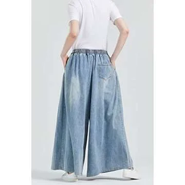 EXPOING Extra Wide Leg Denim Pants for Women Long Jeans Elastic Waist with Pockets Plus Size Loose Casual (A-Blue XL)