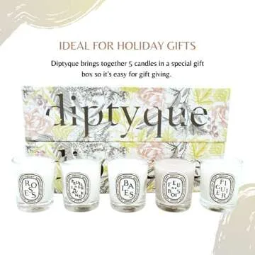 Diptyque Set of 5 Home Scented Aromatherapy Wax Candles - Travel Size, Small Scended Candles Holiday Gift Set: Baies, Roses, Figuier, Feuille de Lavande, Feu de Bois