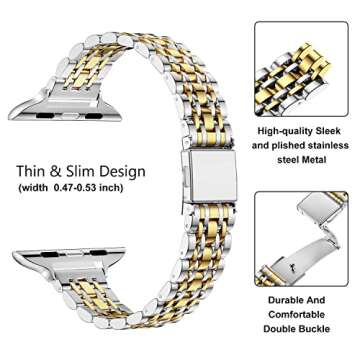 MioHHR Slim Metal Band Compatible with Apple Watch Band 49mm 46mm 45mm 44mm 42mm（Series 3/2/1）,Dressy Stainless Steel Chain Strap for Women iWatch Bands Series 10 9 8 7 6 5 4 SE Ultra 2 1,Silver/Gold