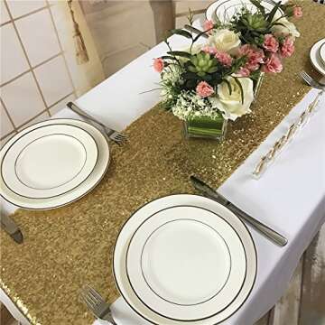 Trlyc Sequin Table Runner - 12x108 Inch Gold Sequin Table Runner Glitter Sparkly Elegant Rectangle Wedding Party Gold Glitz Table Decoration