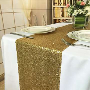 Trlyc Sequin Table Runner - 12x108 Inch Gold Sequin Table Runner Glitter Sparkly Elegant Rectangle Wedding Party Gold Glitz Table Decoration