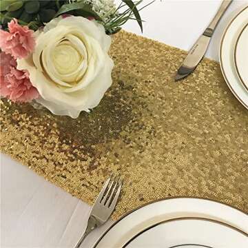 Trlyc Sequin Table Runner - 12x108 Inch Gold Sequin Table Runner Glitter Sparkly Elegant Rectangle Wedding Party Gold Glitz Table Decoration