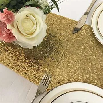 Trlyc Sequin Table Runner - 12x108 Inch Gold Sequin Table Runner Glitter Sparkly Elegant Rectangle Wedding Party Gold Glitz Table Decoration