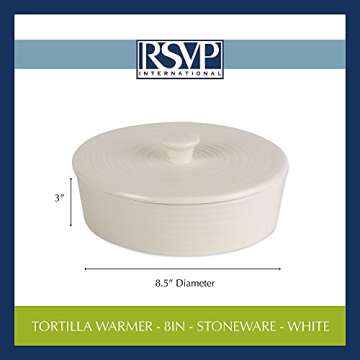RSVP International Stoneware Tortilla Warmer & Server with Lid, Dishwasher, Microwave and Oven Safe, 8.5" Dia x 3.5", White