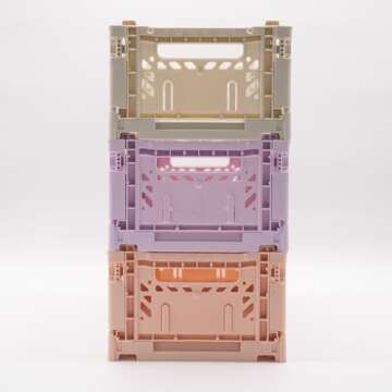 Collapsible Storage Box, Foldable Crate Organizer Bin with Handle, Stackable Crates for Home Organization (Peach-Lilac-LightGray, 4L - 3-Pack)