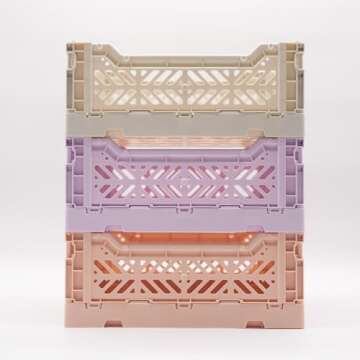 Collapsible Storage Box, Foldable Crate Organizer Bin with Handle, Stackable Crates for Home Organization (Peach-Lilac-LightGray, 4L - 3-Pack)