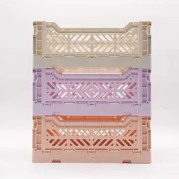Collapsible Storage Box, Foldable Crate Organizer Bin with Handle, Stackable Crates for Home Organization (Peach-Lilac-LightGray, 4L - 3-Pack)