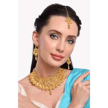 Efulgenz Indian Bridal Jewelry Set for Wedding Indian Gold Jewelry Traditional Bollywood Crystal Kundan Choker Necklace Earrings Maang Tikka Indian Jewelry Sets for Women Gold