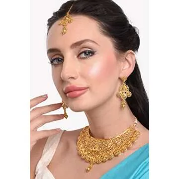 Efulgenz Indian Bridal Jewelry Set for Wedding Indian Gold Jewelry Traditional Bollywood Crystal Kundan Choker Necklace Earrings Maang Tikka Indian Jewelry Sets for Women Gold